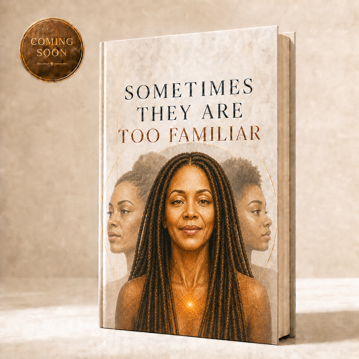 Cover of "Sometimes They Are Too Familiar," a forthcoming book, showing a faceted illustrated portrait of a woman flanked by two faded silhouette profiles. Coming soon.