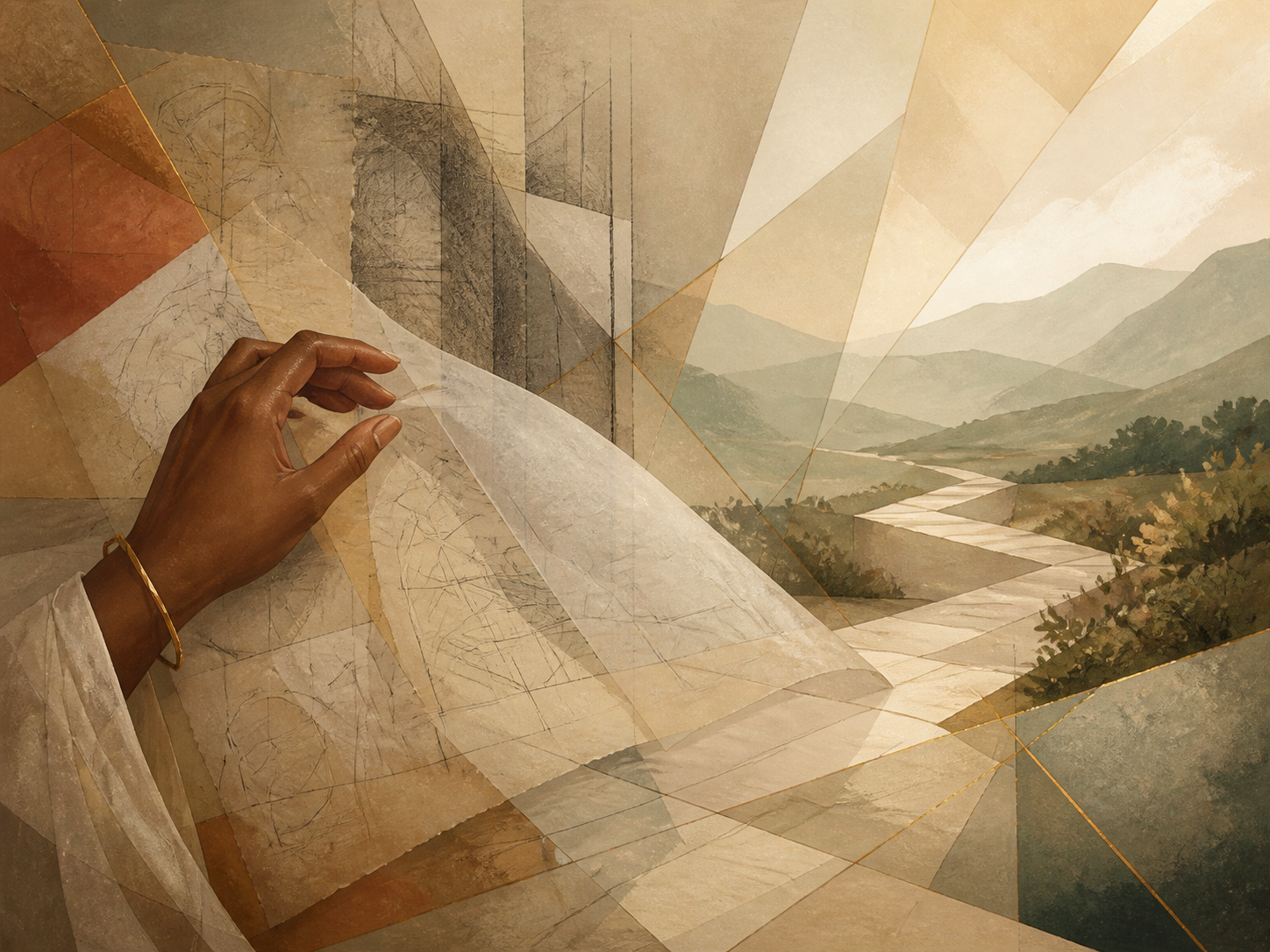 Faceted editorial illustration of a woman letting go along a winding path toward the horizon, for You Are Allowed to Outgrow the Dream