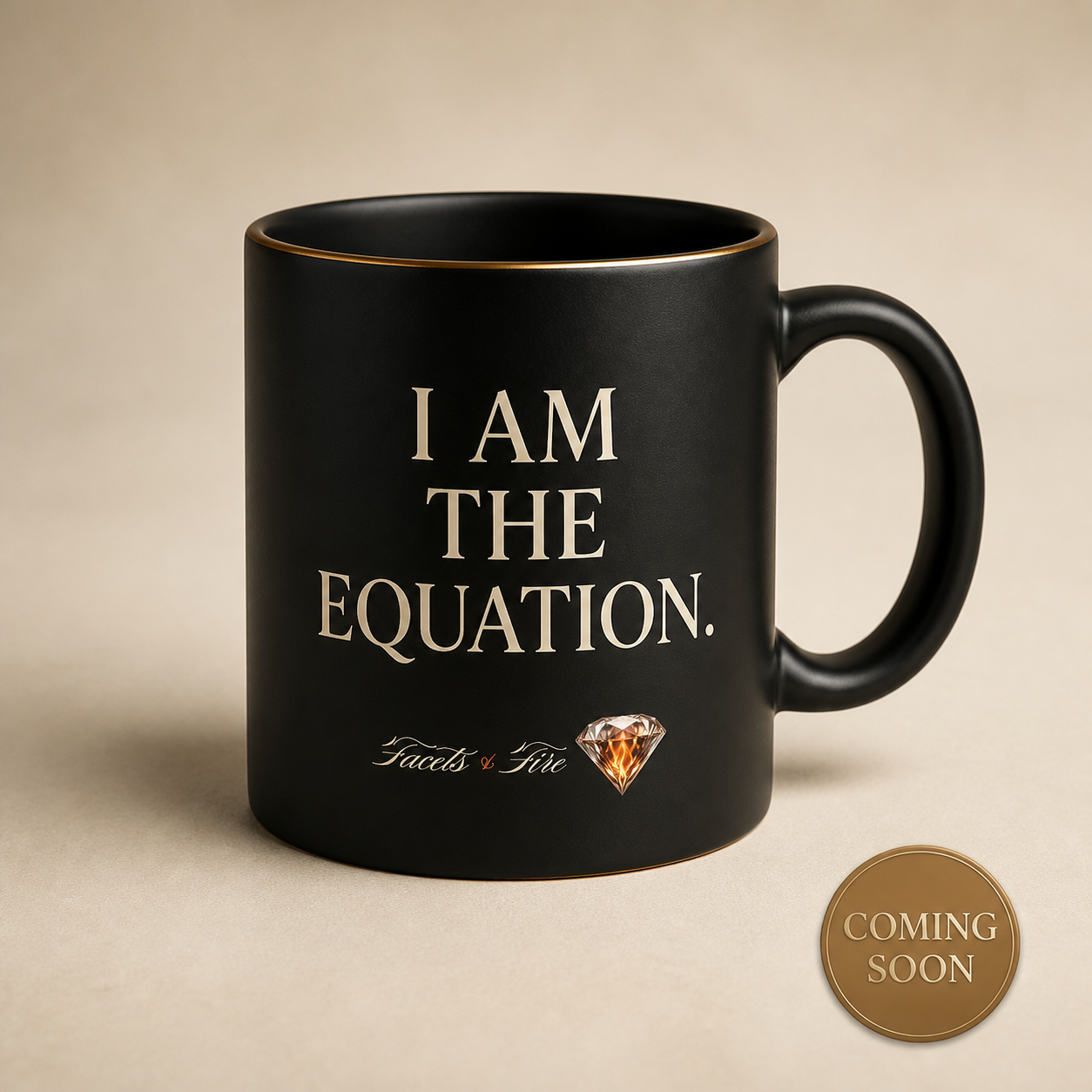 Facets & Fire branded black mug reading "I am the equation" with a faceted diamond logo. Coming soon.