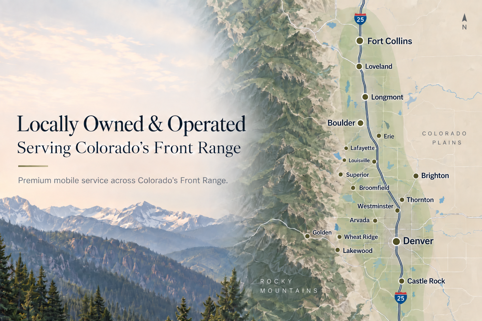 Map of Colorado's Front Range showing cities from Fort Collins in the north to Castle Rock in the south, with Rocky Mountains to the west and Colorado Plains to the east.