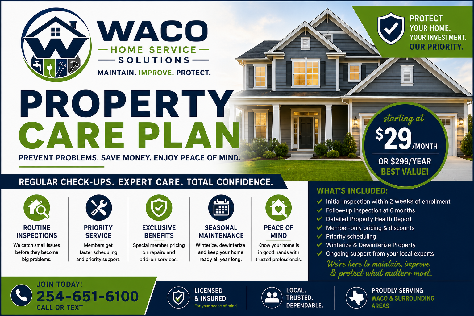Advertisement for WACO Home Service Solutions promoting property care plans starting at $29 per month, with details on inspections, repairs, maintenance, and peace of mind coverage included, featuring a residential house image.