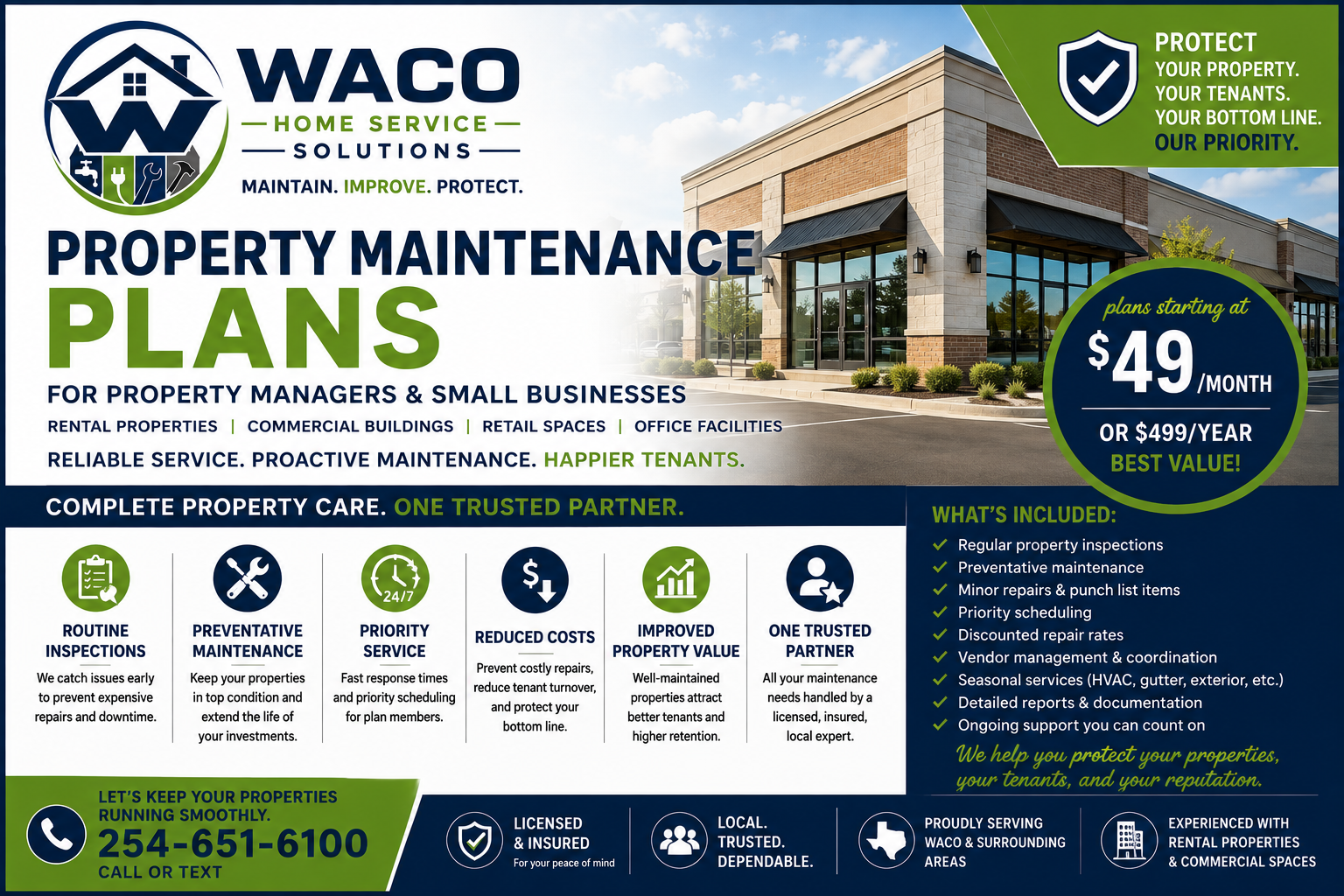A real estate and property maintenance service advertisement featuring a modern commercial building and highlighting plans starting at $49 per month, offered by Waco Home Service Solutions. The ad emphasizes property inspections, preventive maintenance, and professional management, with contact information and a list of included services.