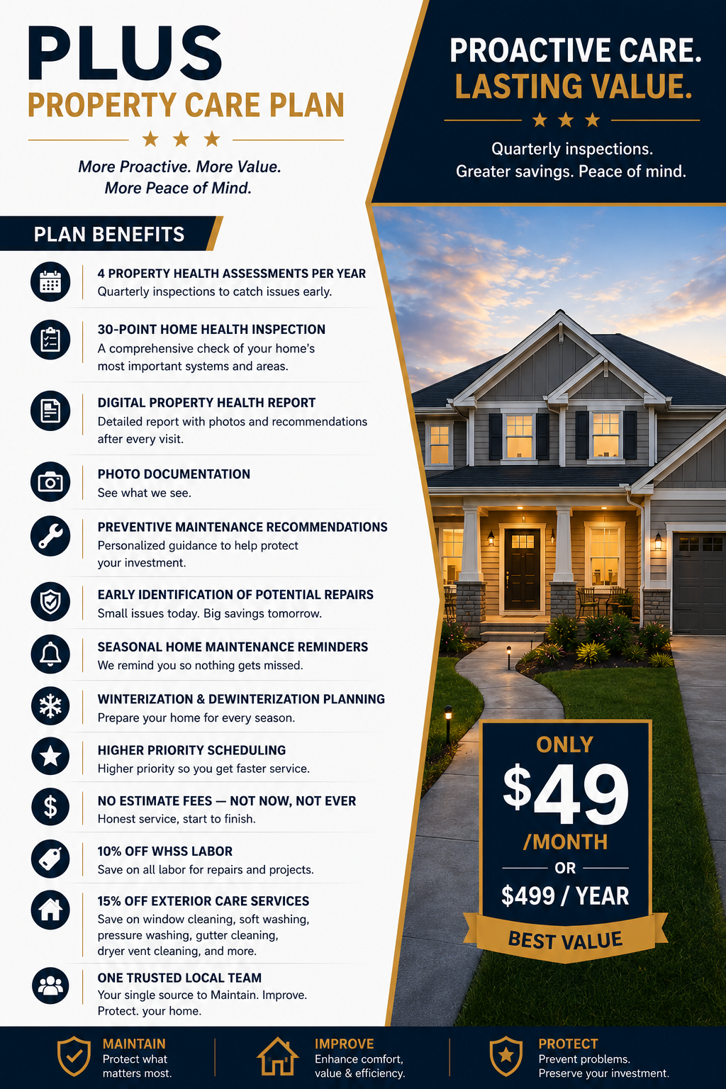 Flyer for Plus Property Care Plan featuring a house with a well-maintained yard at sunset, listing benefits like inspections, reports, maintenance, repairs, seasonal reminders, planning, scheduling, discounts, a trusted team, and pricing at $49/month or $499/year.