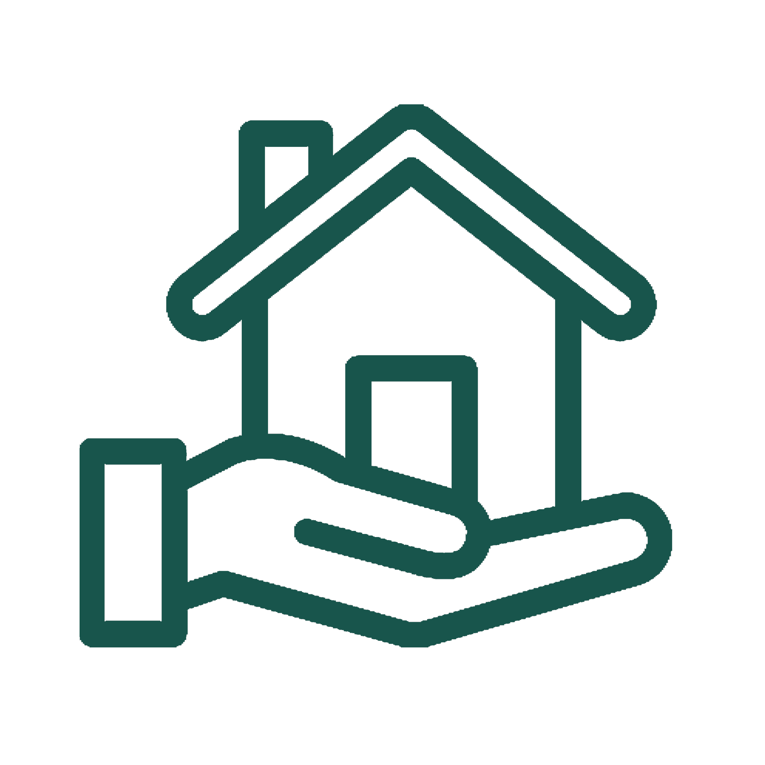 Line drawing of a house with a roof, chimney, and windows, depicted in green outline style.