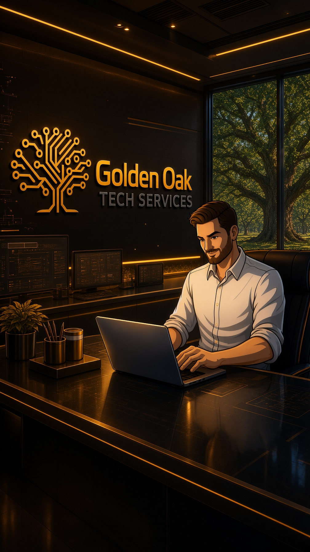 An office scene with a man working on a laptop at a desk, with the company logo 'Golden Oak Tech Services' on the wall behind him. The office has large windows showing a green, leafy tree outside.