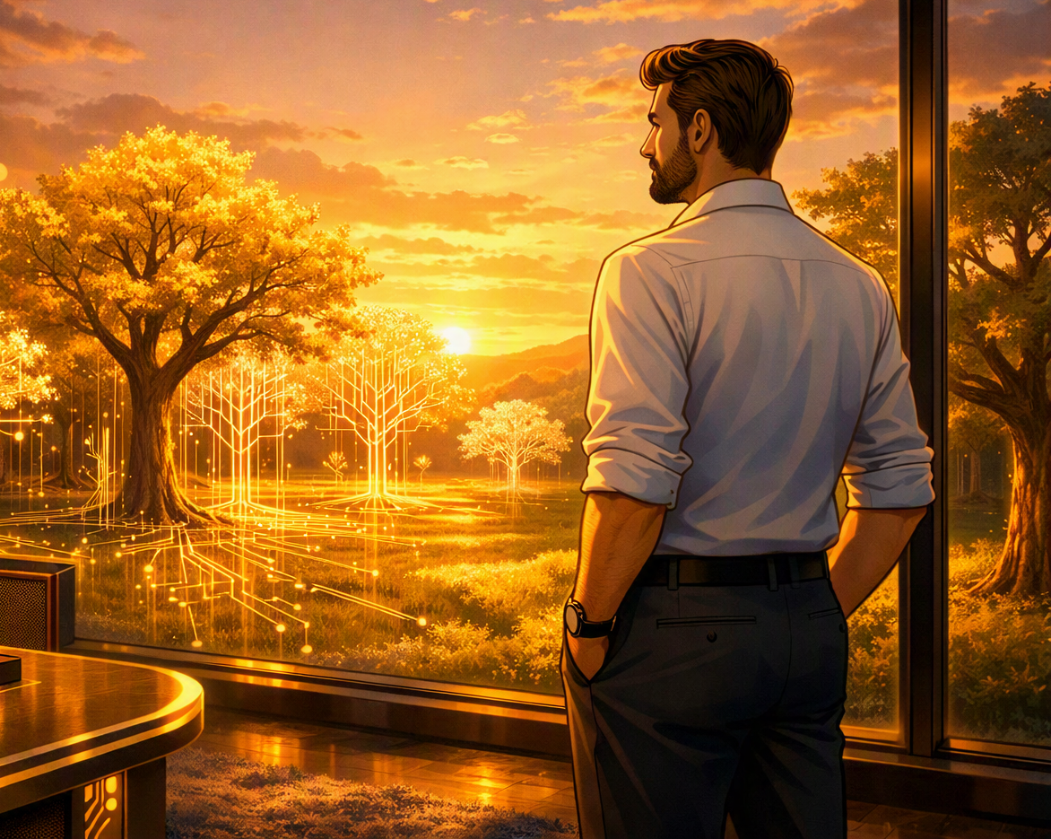 A man stands inside by a large window, looking outside at a sunset over a landscape with trees and mountains. The scene outside is enhanced with digital glowing wireframe-like trees and lines.