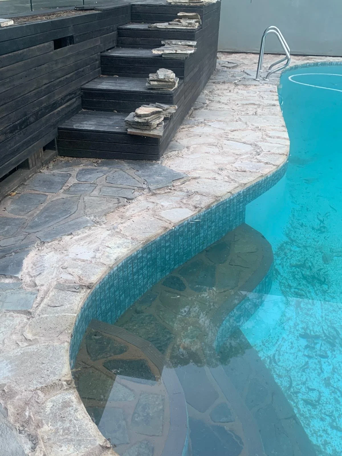 Curved swimming pool with blue tile edging, stone patio, black wooden steps, and metal pool ladder