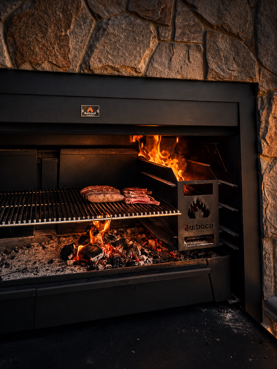 Open-flame charcoal grill cooking bread and bacon in a stone-lined barbecue fireplace