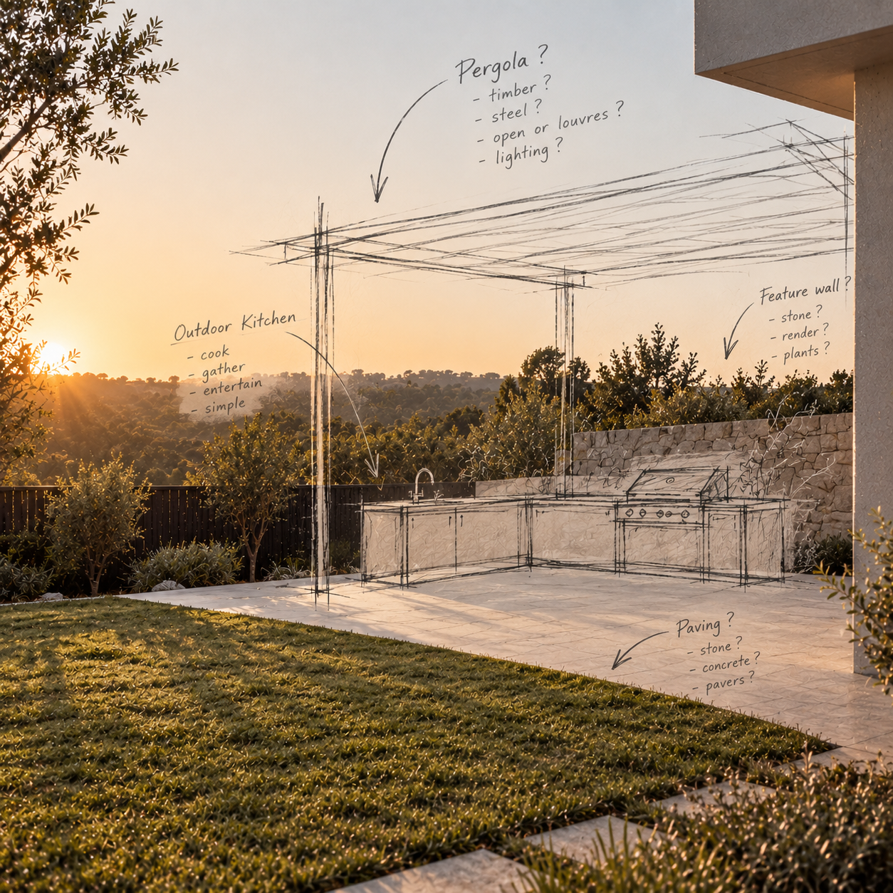 Sunset backyard with a sketched outdoor kitchen, pergola, stone feature wall, and paving design annotations