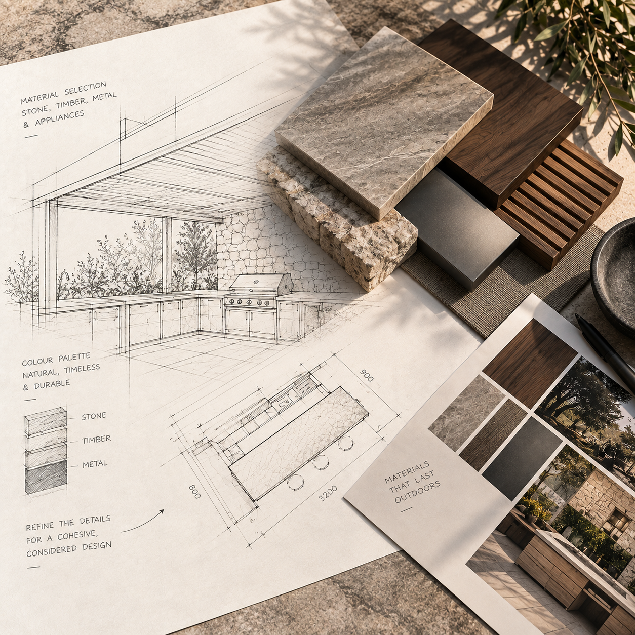 Outdoor kitchen design mood board with architectural sketches, stone, timber and metal samples, material swatches, and appliance layout plans