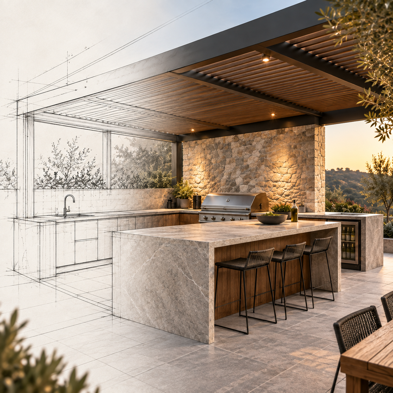 Luxury outdoor kitchen with stone walls, marble island, built-in grill, pergola roof, and bar seating overlooking a hillside