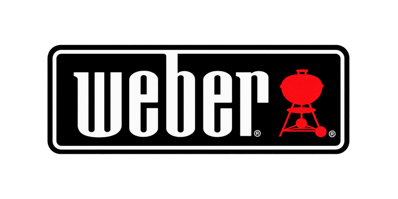 Weber logo with white lettering and red kettle grill icon on a black background