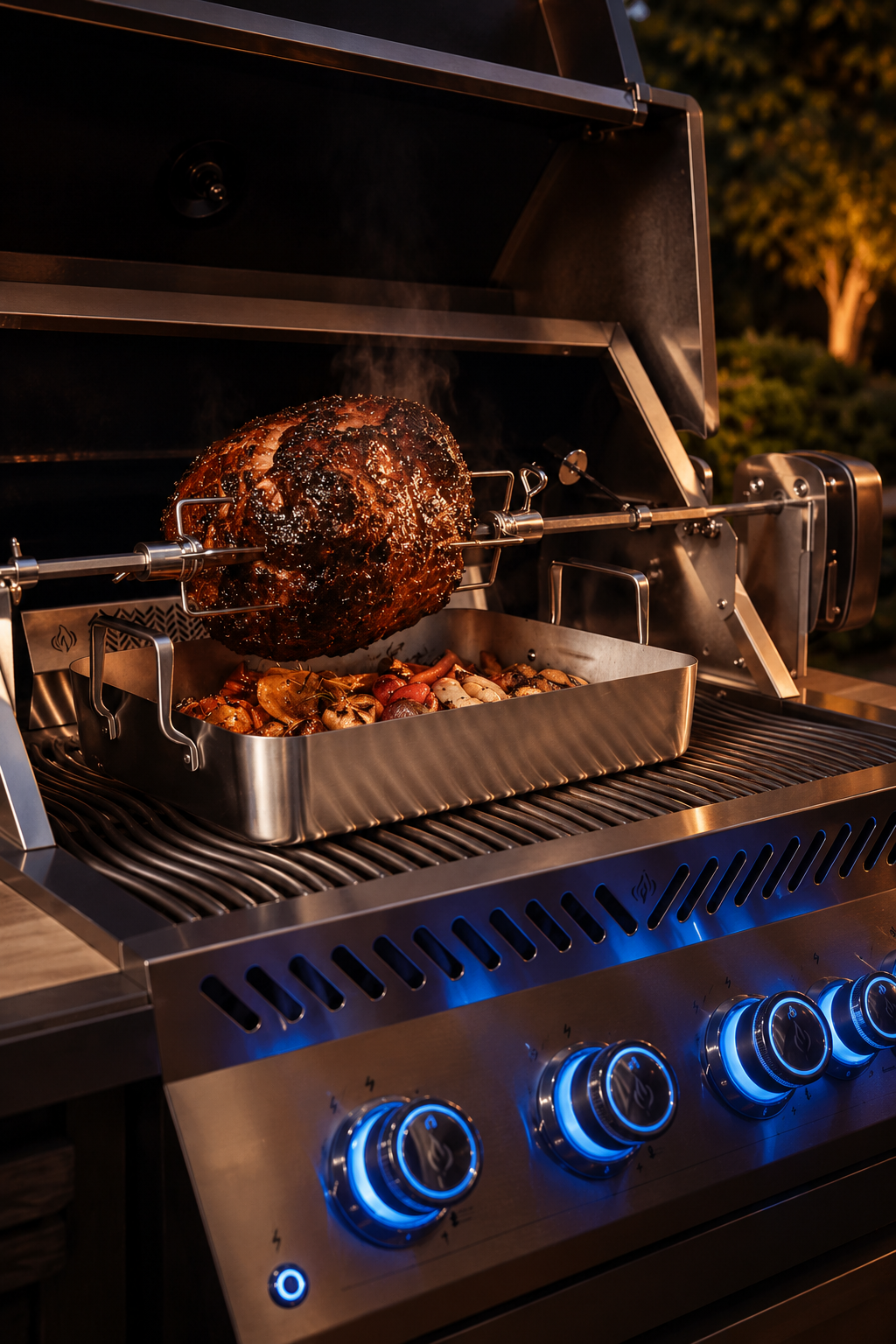 Open stainless steel gas grill with a rotisserie-roasted roast and a tray of vegetables, illuminated blue control knobs