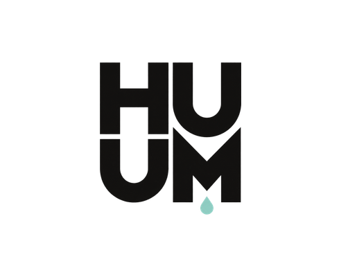 Black geometric HUM logo with a small turquoise water droplet