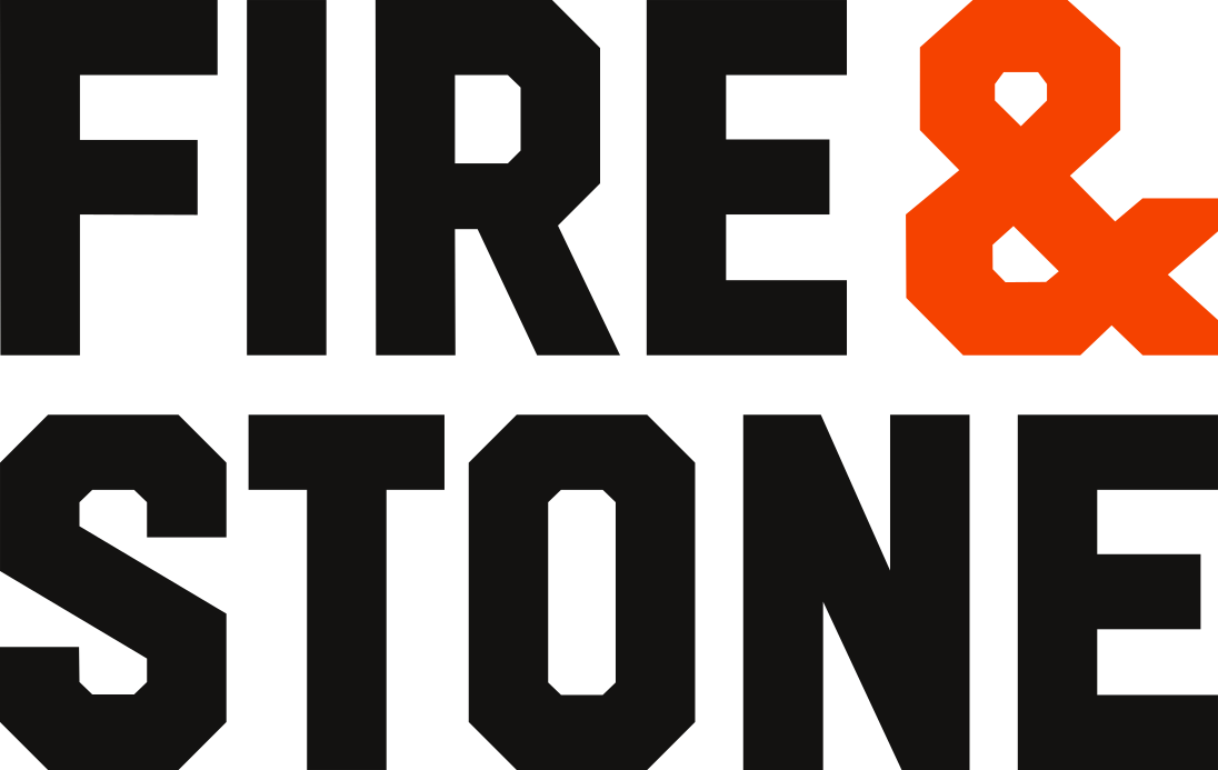FIRE & STONE logo in black and orange block lettering