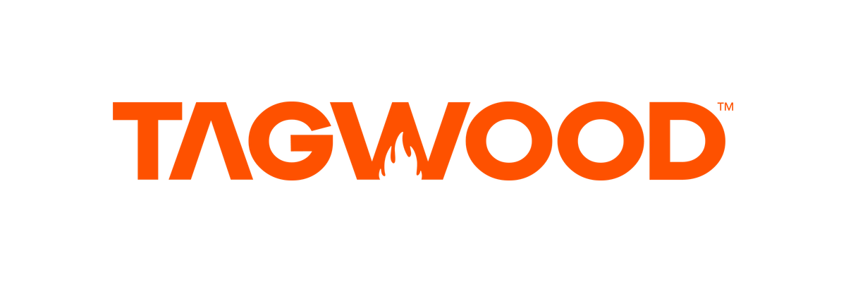 Orange Tagwood logo with a stylized flame inside the letter W on a black background