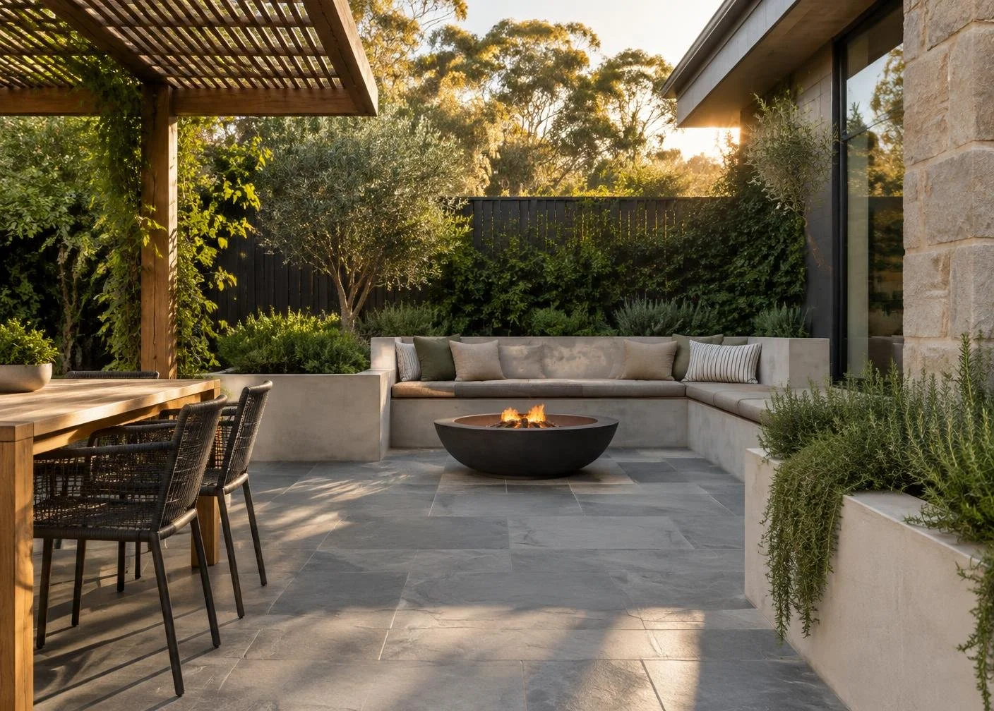Modern backyard patio with a pergola dining area, built-in cushioned seating, fire pit, and lush landscaping