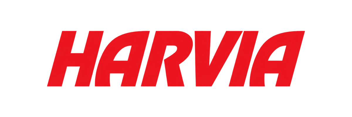 Red HARVIA logo on a black background