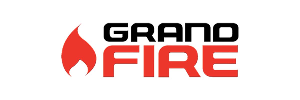 Grand Fire logo with a red flame icon and bold black and red lettering