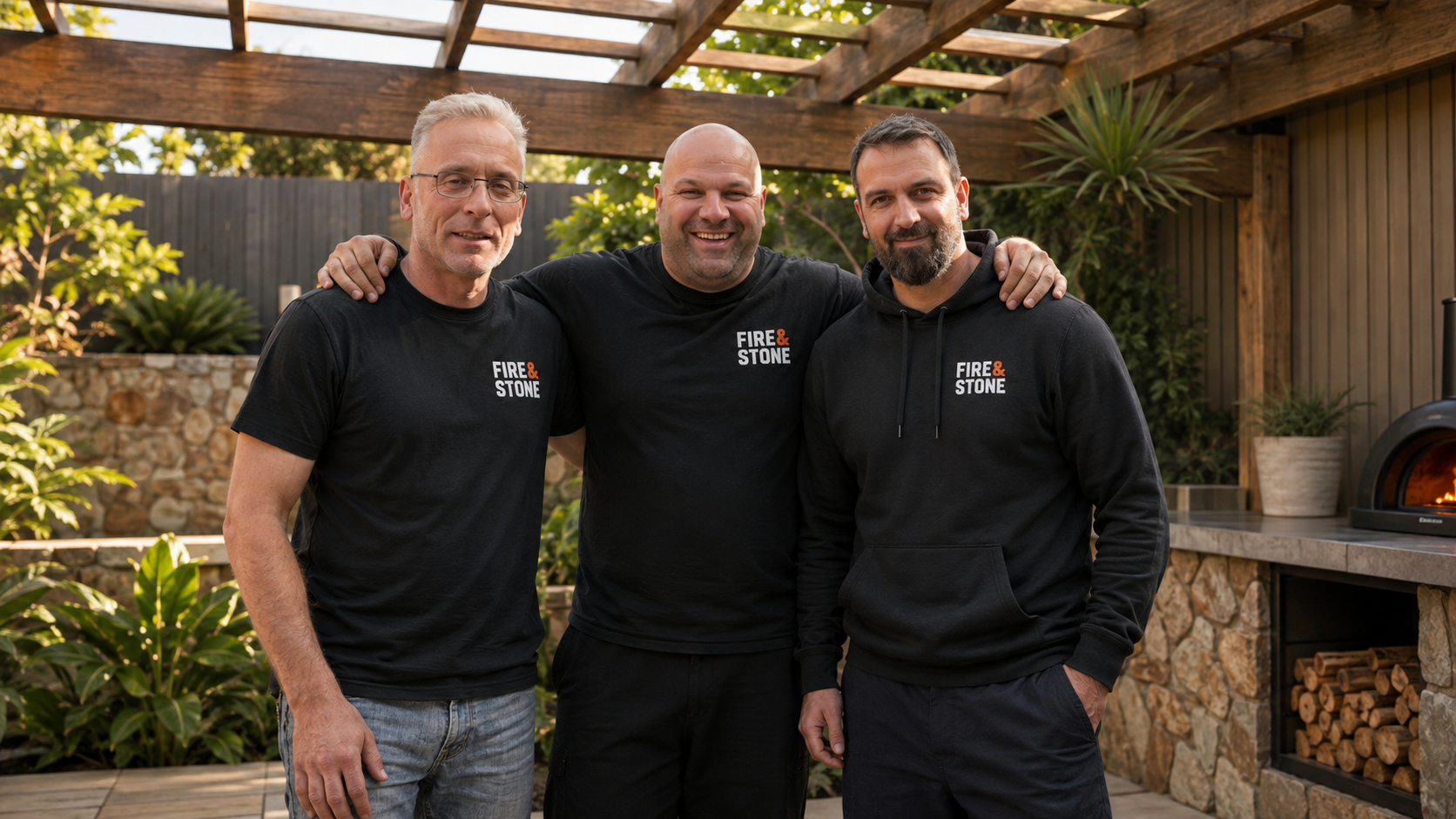 Three men wearing Fire & Stone shirts pose together in an outdoor patio beside a lit wood-fired oven.