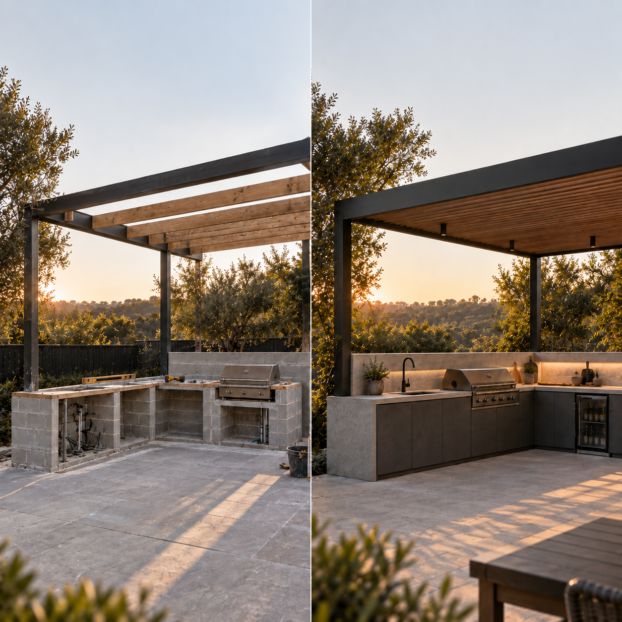 Before-and-after transformation of a backyard outdoor kitchen with pergola, grill, sink, and cabinets at sunset