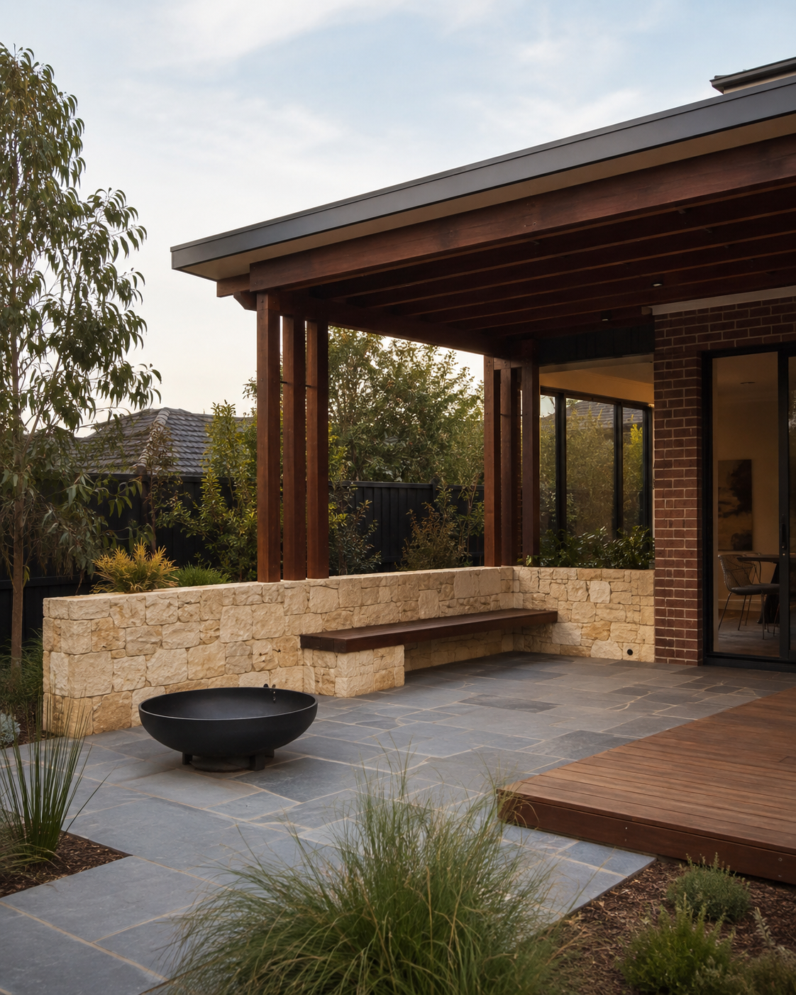 Modern backyard patio with a wooden pergola, stone bench wall, black fire bowl, landscaped garden, and timber deck