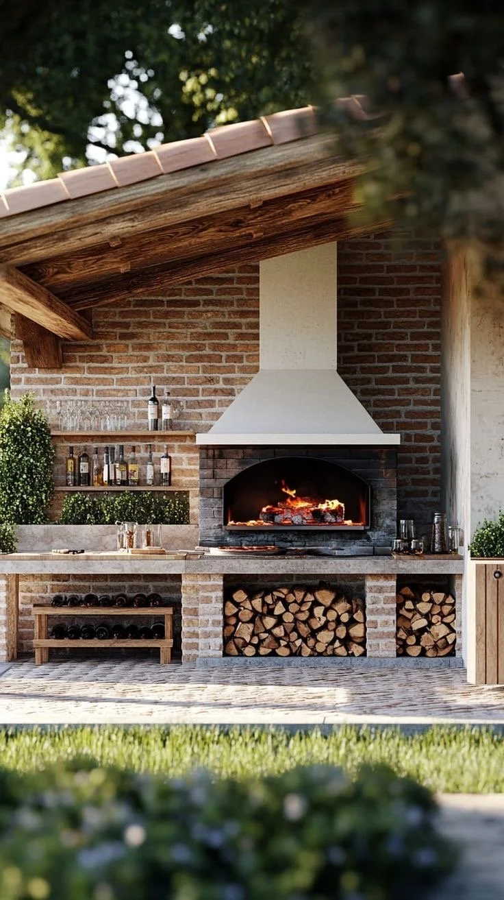 Outdoor brick kitchen with a wood-fired pizza oven, firewood storage, and built-in shelves of wine bottles.