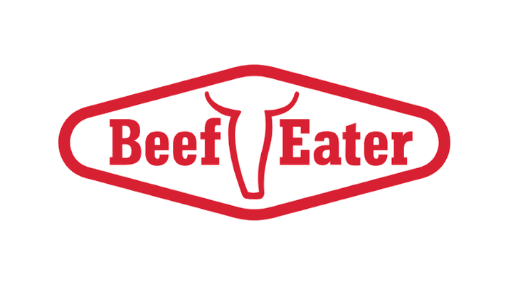 Red Beef Eater logo with a stylized bull head inside a shield-shaped outline