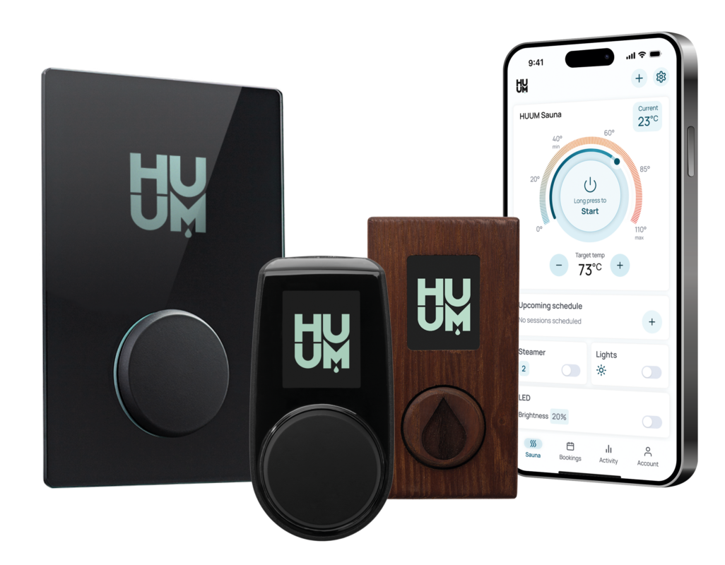 HUUM sauna control devices and smartphone app displaying temperature settings