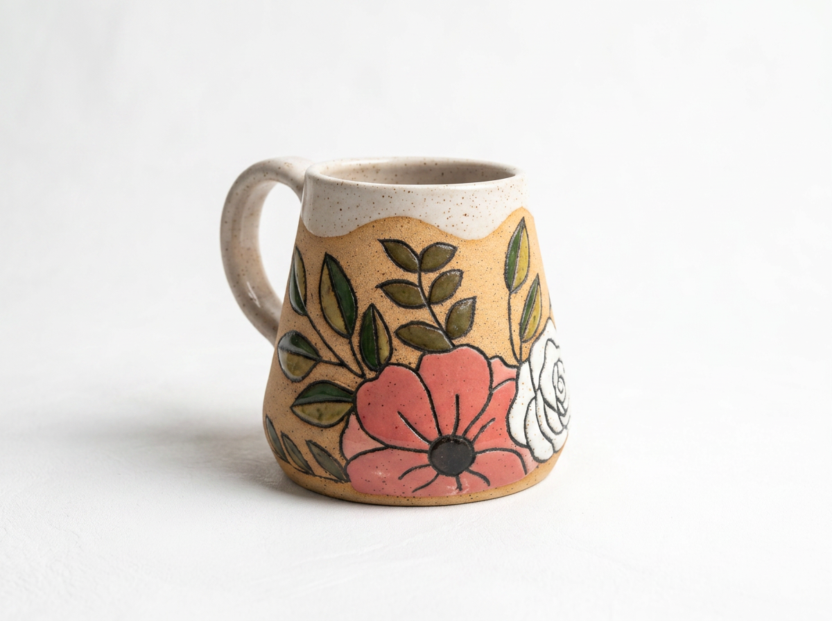 A slab-built, hand carved ceramic mug with a floral design featuring a pink flower, white flower, and green leaves against a raw speckled clay body, placed on a white surface.