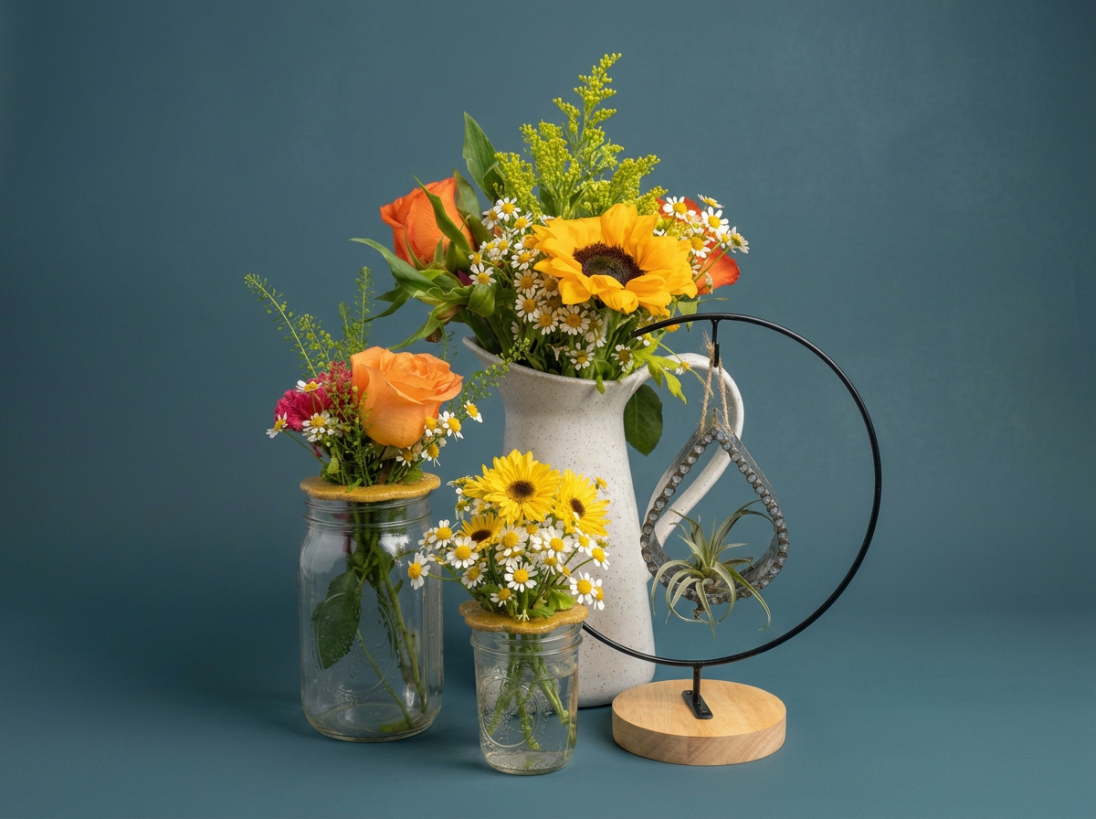 Flower arrangement showcasing ceramic flower vase & pitcher, flower frogs on mason jars, and a ceramic airplant holder. All pieces by Potsbyfox Pottery and Ceramics.