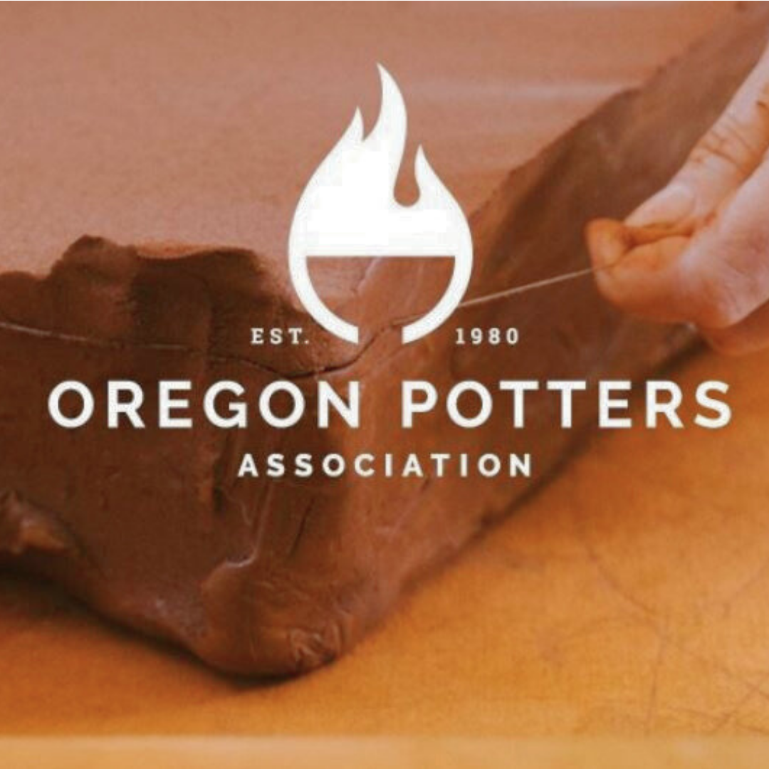 Close-up of a person crafting a ceramic piece with the logo of Oregon Potters Association overlayed, featuring a flame and pottery bowl, with text indicating establishment in 1980.