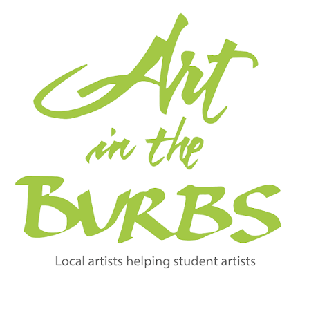 Logo for Art in the Burbs with green stylized text and the subtitle 'Local artists helping student artists'.