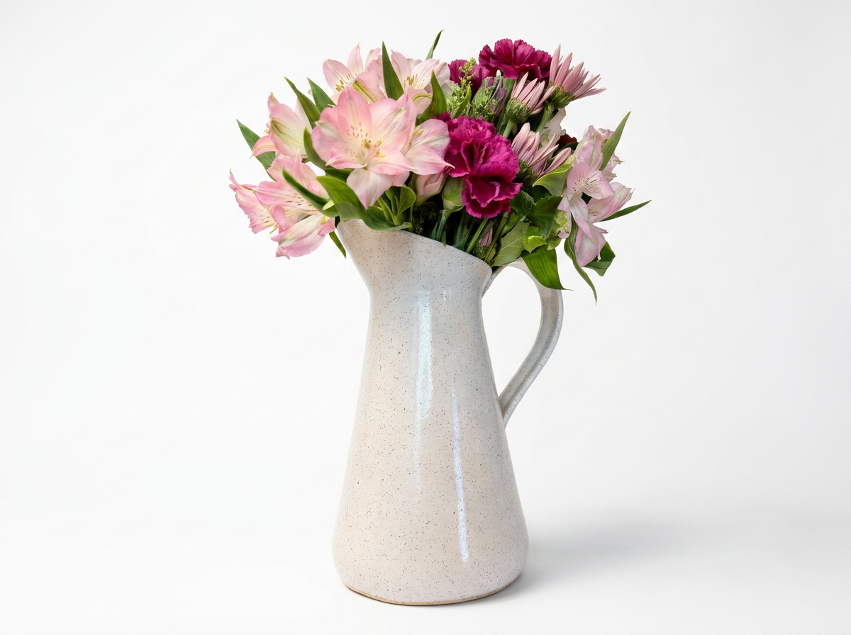 Hand built ceramic flower vase and pitcher. White on speckled clay.