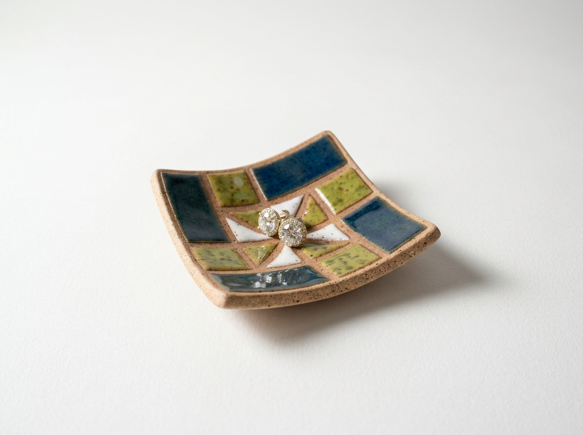 Square ceramic jewelry and trinket dish in blue, green, and white color