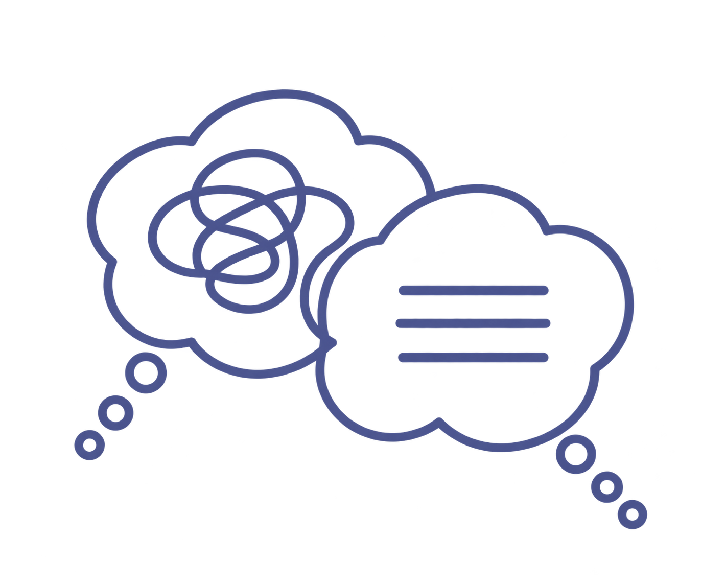 Thought bubbles representing challenging anxious thoughts, overthinking, and perfectionism in therapy.