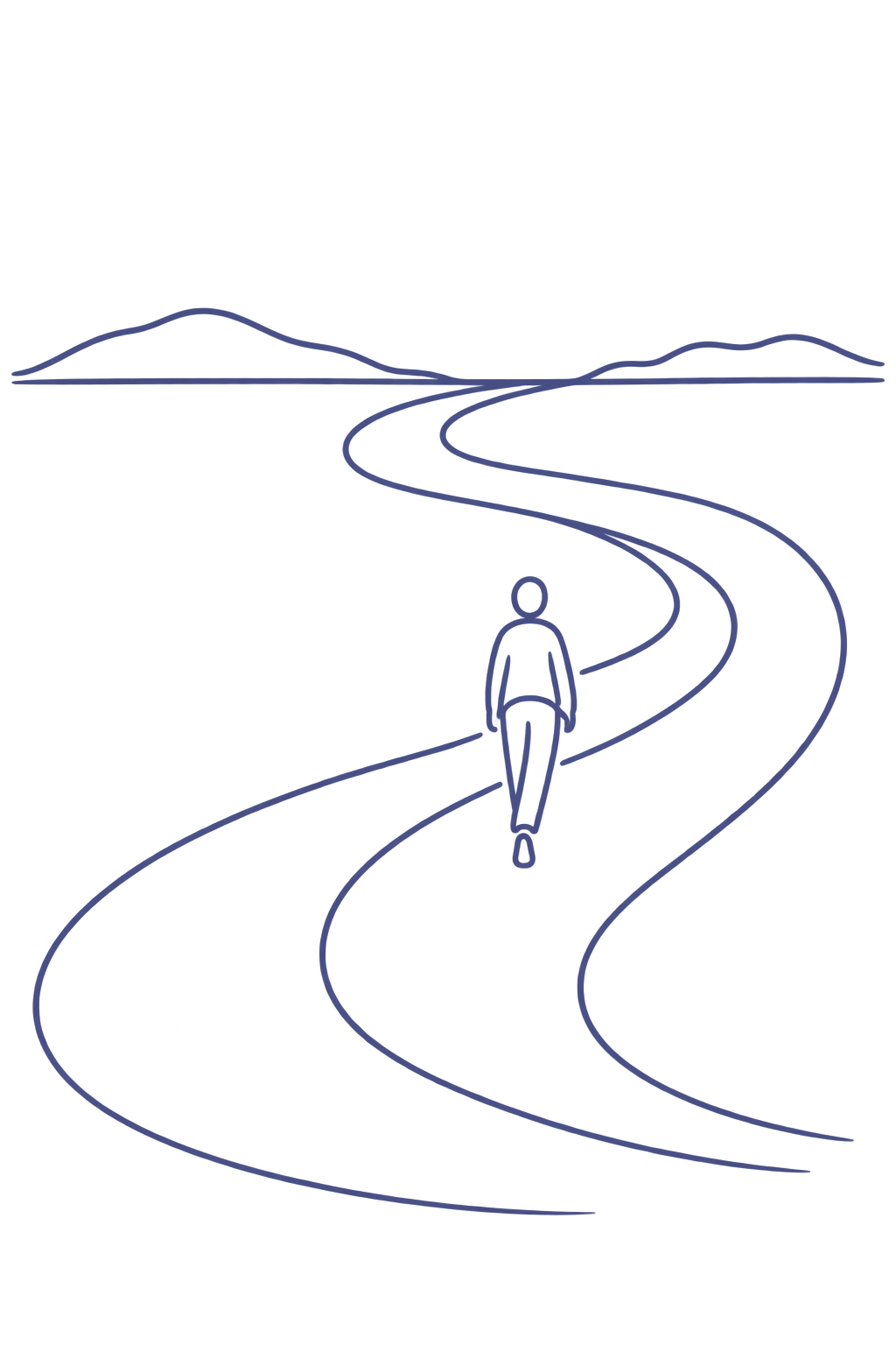 A person walking along a winding path toward the horizon, representing moving forward after trauma