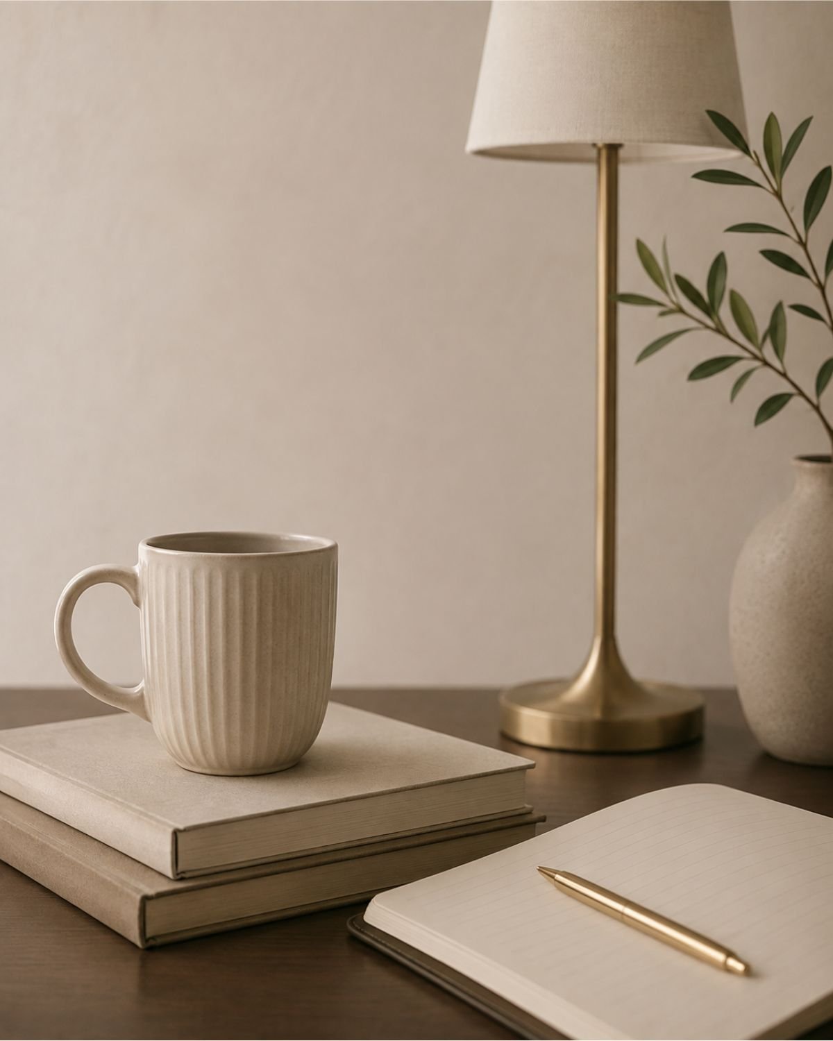 Cozy workspace with warm lamp and journal illustrating anxiety and burnout counseling