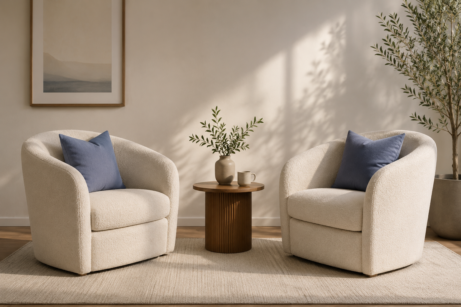 Two cream therapy chairs with periwinkle pillows facing each other