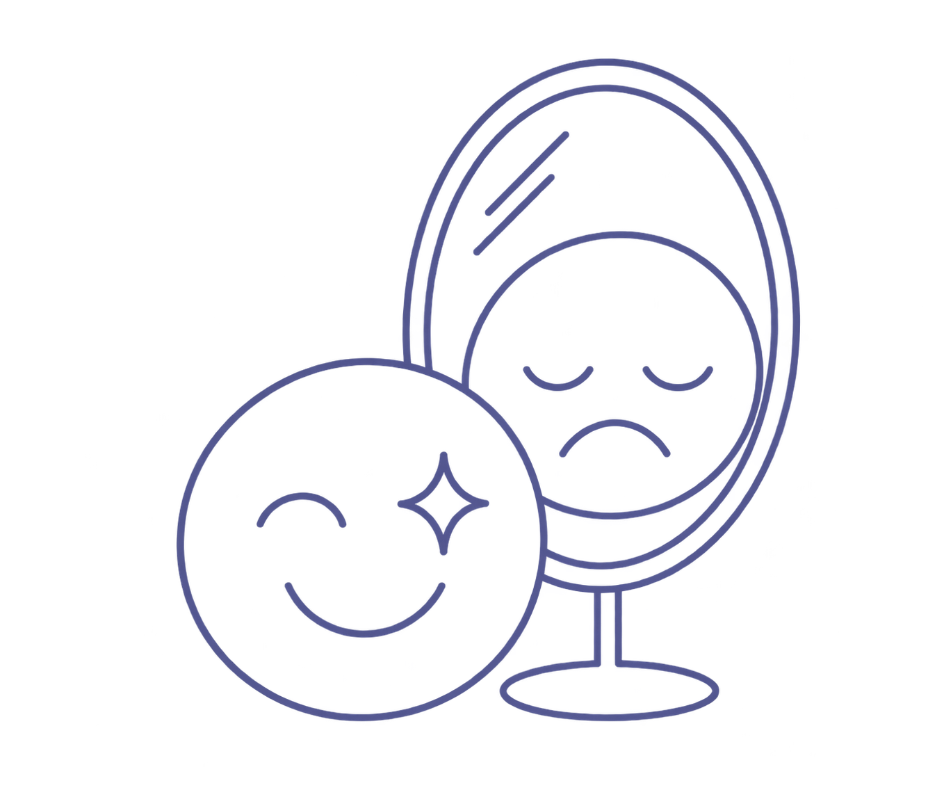 Smiling face reflected in a mirror with a sad expression, representing people-pleasing and hiding your needs.