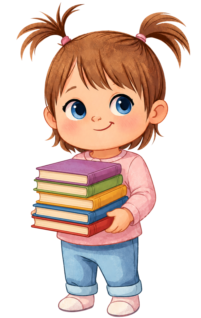 A young girl with big blue eyes and light brown hair styled in pigtails with pink hair ties, holding a stack of colorful books.