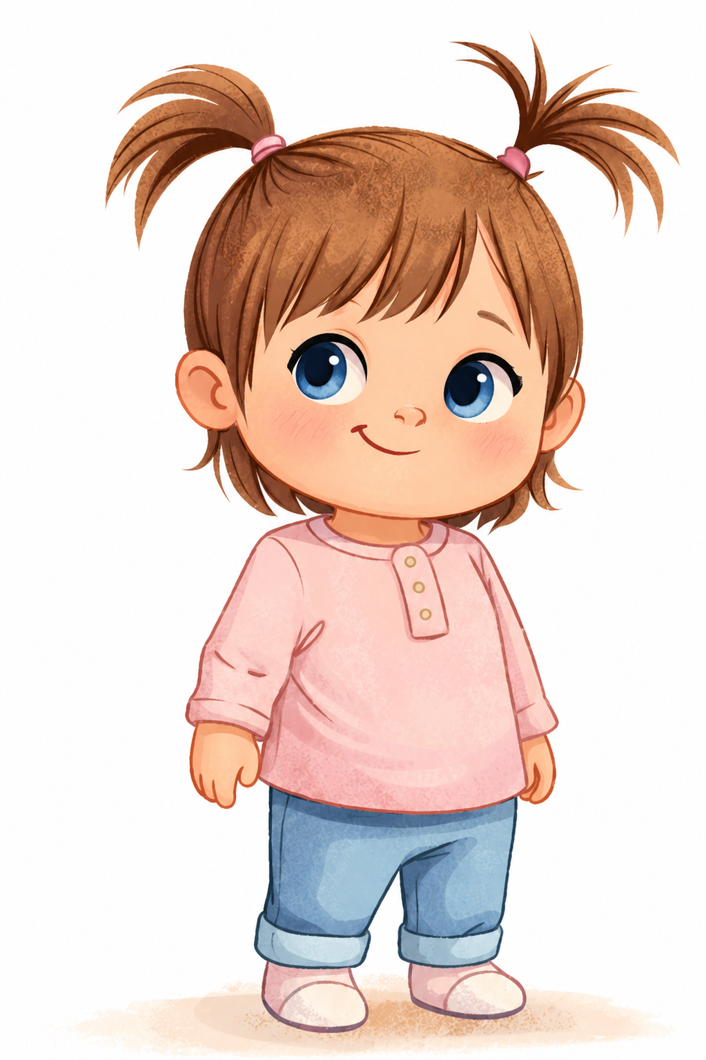 Adorable cartoon toddler girl with brown hair in pigtails, wearing pink top, blue jeans, and pink shoes, standing and smiling.