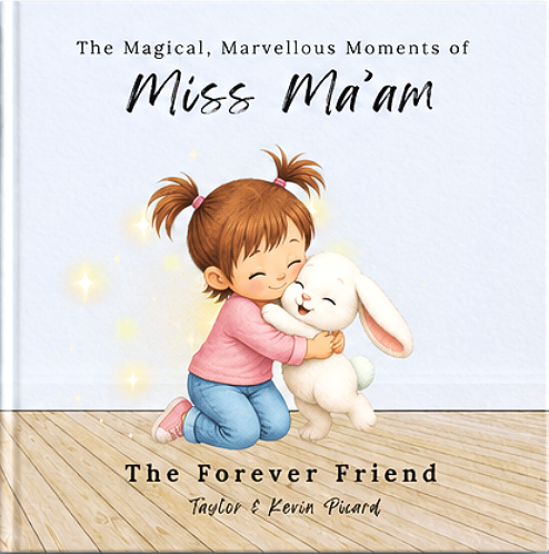 Book cover titled "The Magical, Marvelous Moments of Miss Ma'am: The Forever Friend" by Taylor & Kevin Picard, featuring an illustration of a young girl with pigtails hugging a white bunny with long ears, on a wooden floor with a light blue background.