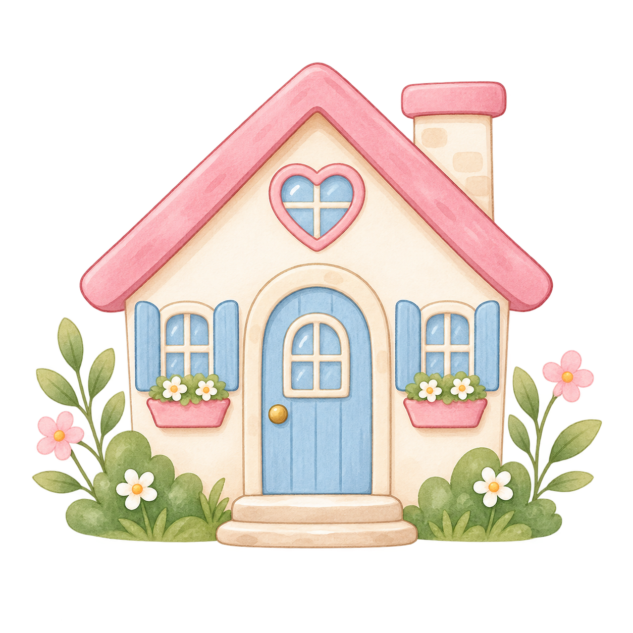 A colorful illustration of a small house with a pink roof, blue door, and blue shutters. The house has a heart-shaped window with a cross. It is surrounded by green bushes and pink flowers with green leaves.