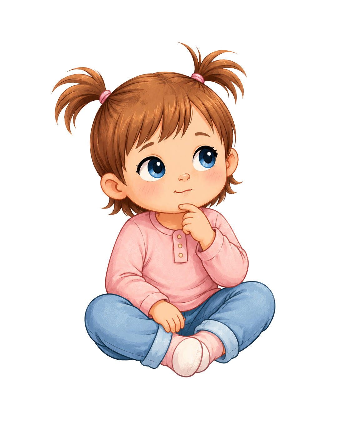 Cartoon of a young girl with brown hair in pigtails, blue eyes, wearing a pink long sleeve shirt and blue jeans, sitting cross-legged with a thoughtful expression.