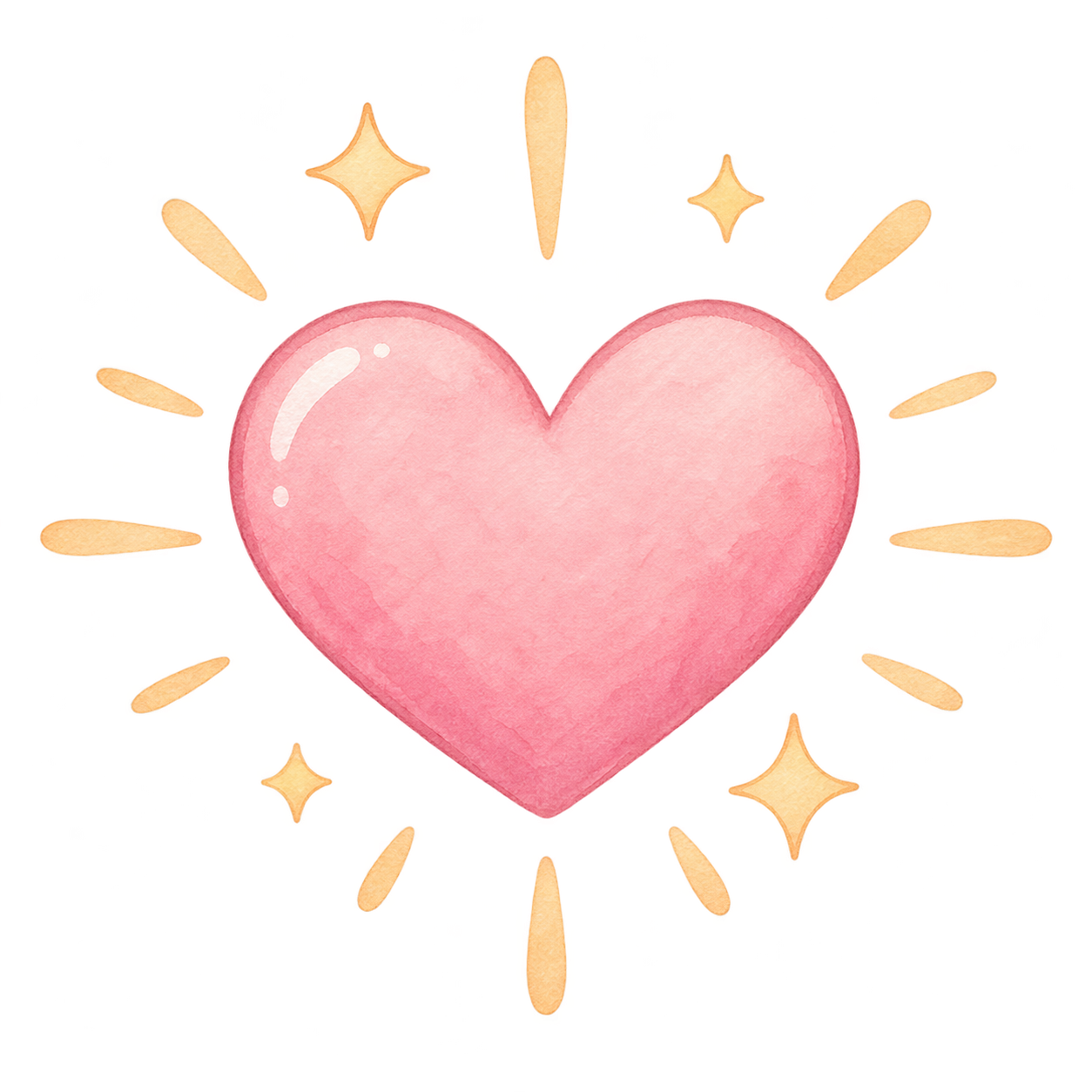 Watercolor illustration of a pink heart with sparkles and light effects around it.