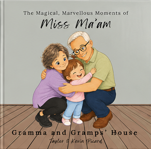 Book cover titled "The Magical, Marvellous Moments of Miss Ma'am" featuring an illustration of a young girl with two older adults, possibly her grandparents, hugging on a wooden floor.