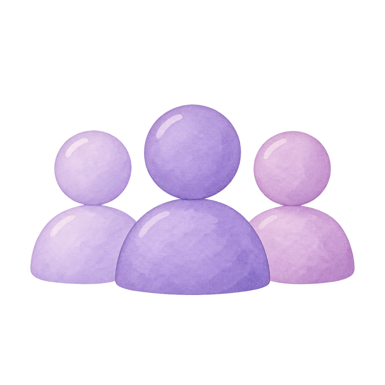 Watercolor illustration of five pastel purple and lavender spheres arranged to resemble a group of people with a transparent background.