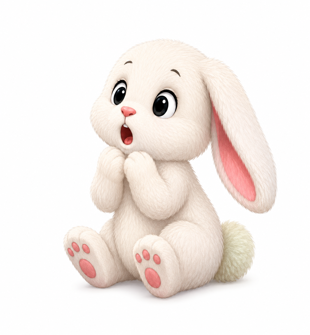 Cute animated white bunny with big eyes and floppy pink ears, sitting with paws together, looking surprised or amazed.