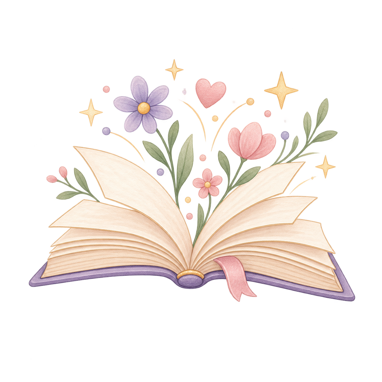 An open book with pastel-colored flowers, hearts, and stars emerging from its pages.
